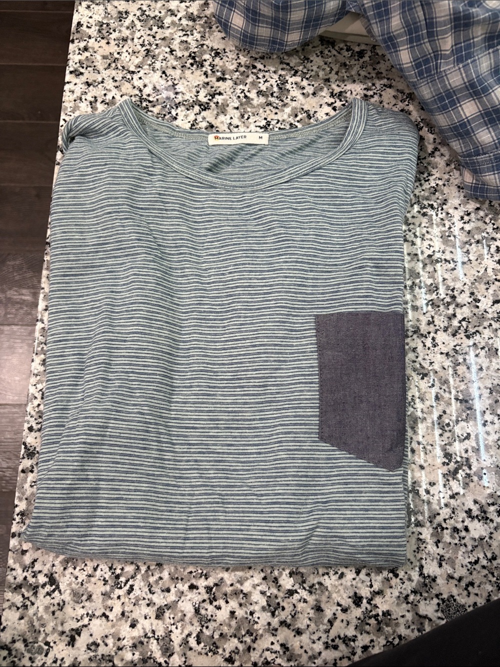 Marine Layer Light Blue Stripe Short Sleeve Tee with Dark Blue Pocket